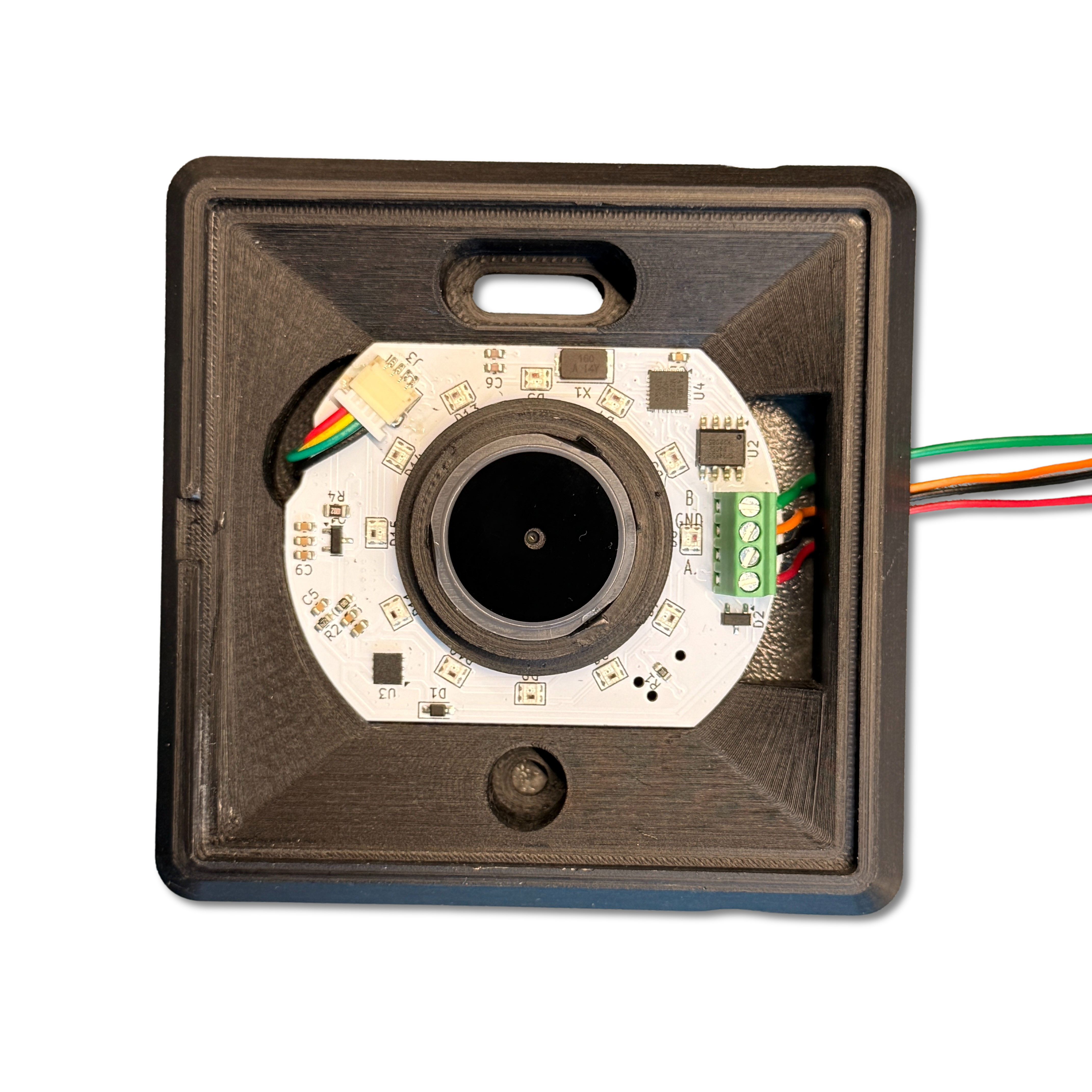 Gros plan sur le bornier CAMERA avec repères +5V, GND, RS485 A et RS485 B